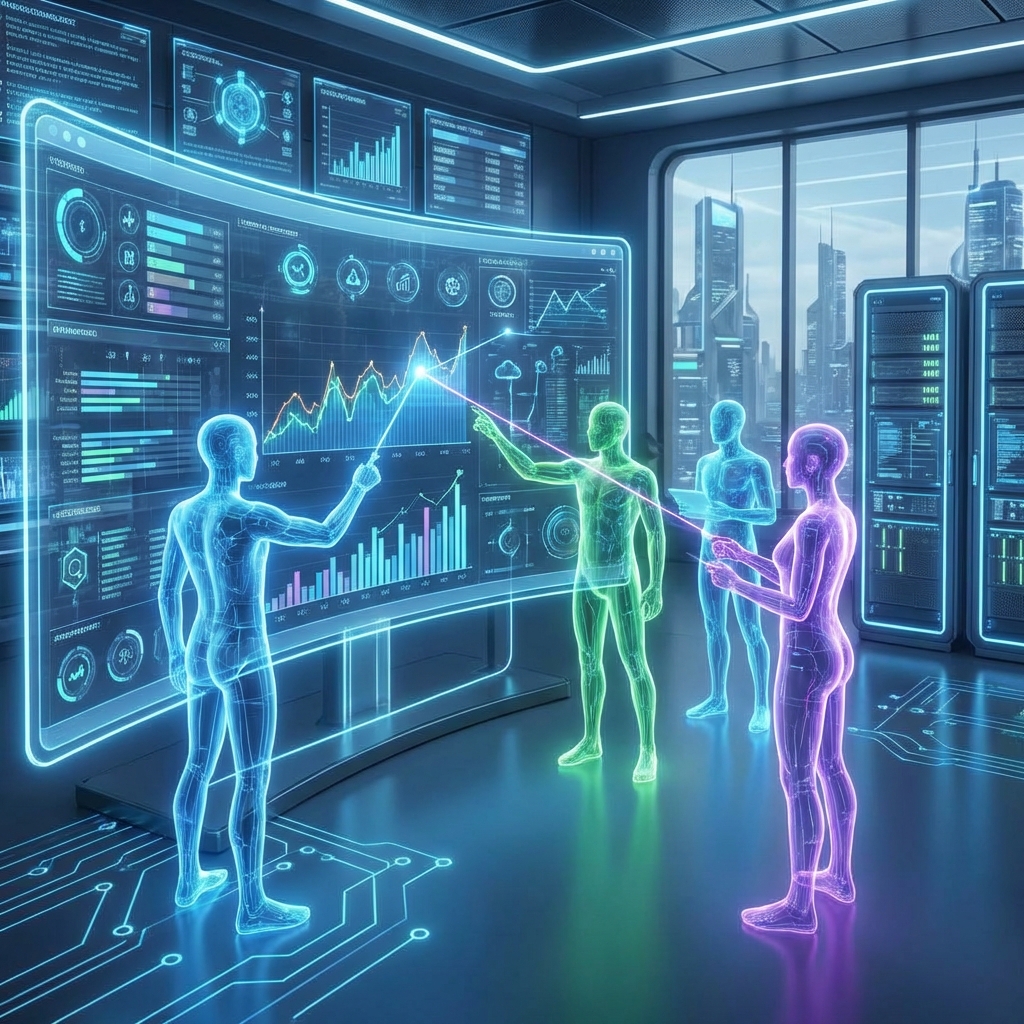 マルチエージェントシステムがチームで戦略を練るイメージ